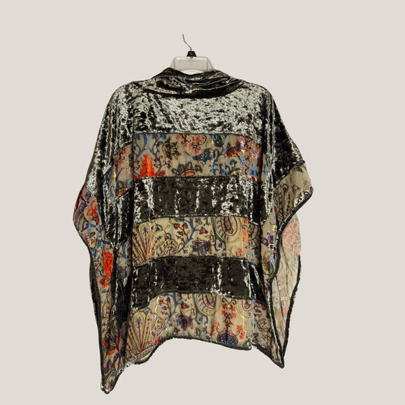 Boho Velvet Patchwork Cowl Neck Poncho Top – Artistic Paisley Print, XL - Picture 2 of 7